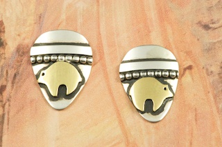 Sterling Silver Post Earrings with 12K Gold fill Bear Design. Created by Navajo Artist Tommy Singer. Signed by the artist.